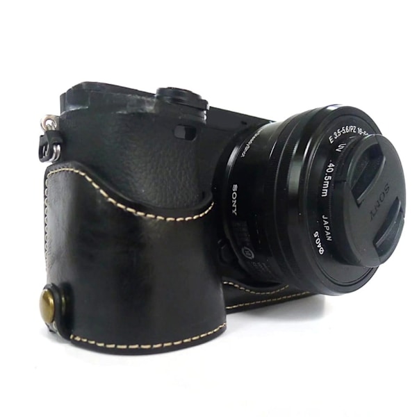 Sony A6400 / A6300 / A6000 puolikas nahkakotelo hihnalla - Musta Black