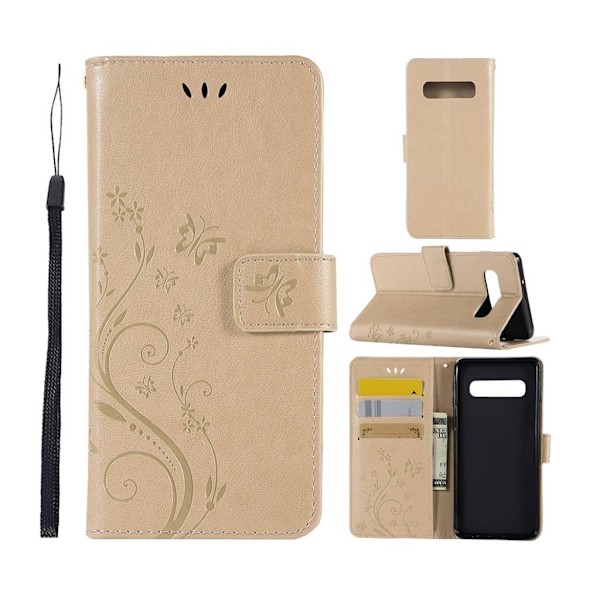 Samsung Galaxy S10 sommerfugle- og blomstertryk læder flip etui - Guld Gold
