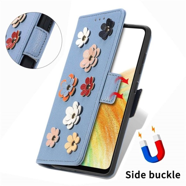 Pehmeä kukkakoristelu nahkakotelo Samsung Galaxy A23 - Sininen Blue
