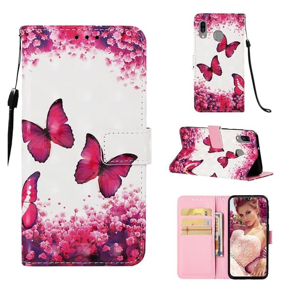 Samsung Galaxy A40 mønstret lædercover - sommerfugle og blomster Multicolor