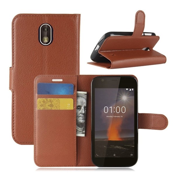 Nokia 1 litchi tekstur PU læder flip etui - Brun Brown