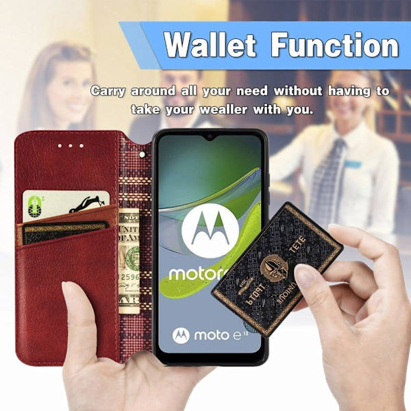 Læder Etui med A Stilfuldt Rhombus Tryk til Motorola Moto E13 - Rød Red