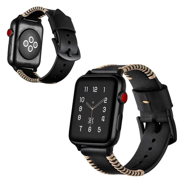 Apple Watch Series 5 44mm cool ridge læder Urrem - Sort Black