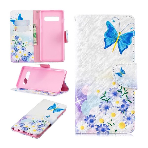 Samsung Galaxy S10 Plus mønstret læder flip etui - Blå Sommerfugle Blue