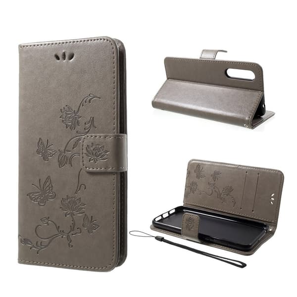 Huawei P20 Pro stemplet sommerfugl blomster PU læder flip etui - Grå Silver grey