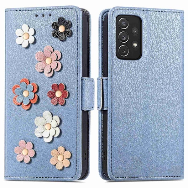 Mjukt läder Samsung Galaxy A72 5G fodral med blomdekor - Blå Blå