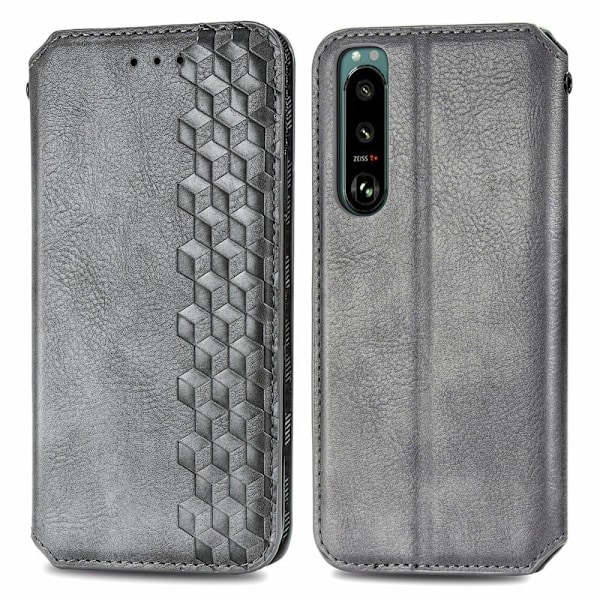 Nahkakotelo With A Stylish Rhombus Imprint For Sony Xperia 5 IV - Harmaa Silver grey