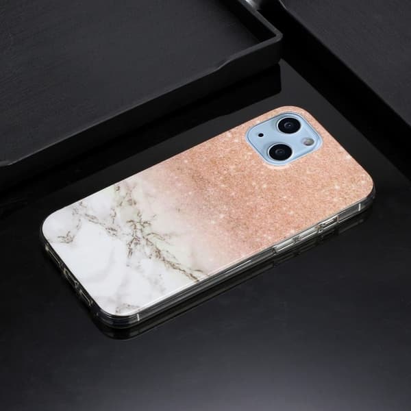 Marble iPhone 14 Plus Suojakotelo - Rose Gold Valkoinen Marble Multicolor
