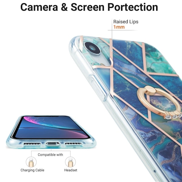 Marble Mønstret Deksel med Ring Holder til iPhone Xr - Blå / Grønn Blue