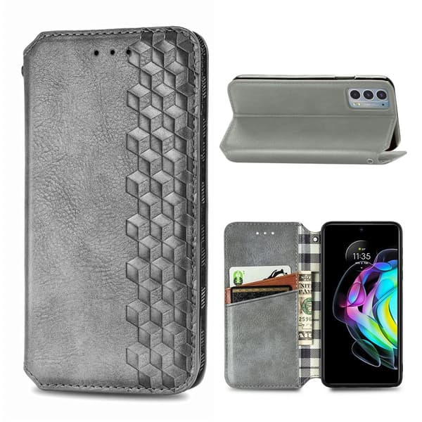 Læder Etui med A Stilfuldt Rhombus Tryk til Motorola Edge 20 - Grå Silver grey
