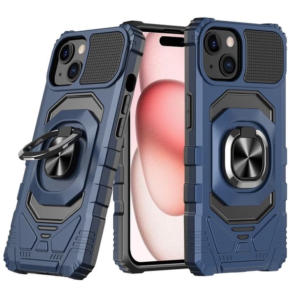 Slidstærkt iPhone 15 Plus cover i hård plast med blød inderside og kickstand - Blå Blue