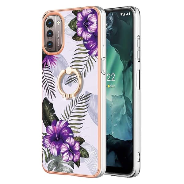 Marble Mønstret Deksel med Ring Holder til Nokia G11 / G21 - Lilla Blomster Purple