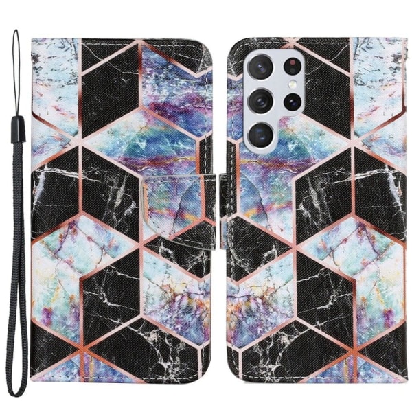 Wonderland Samsung Galaxy S22 Ultra Läppäkotelo - Musta Marble Pattern Multicolor