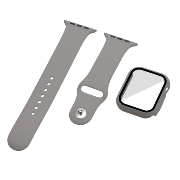 Apple Watch (45mm) silicone watch strap + cover with tempered gl Silvergrå