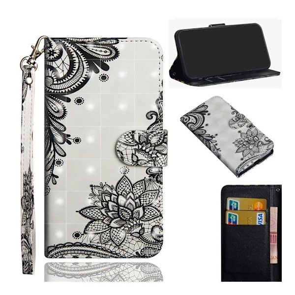 Motorola Moto E5 Play Go lys spot læder flip etui - Lace Blomst Black