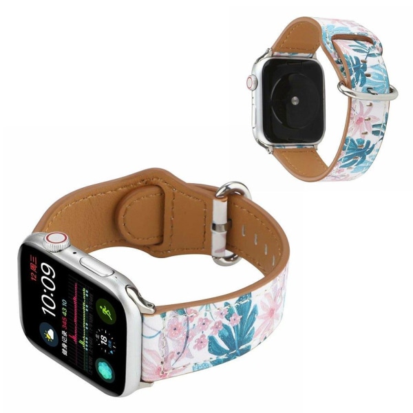 Apple Watch Series 6 / 5 44mm mønster ægte læder rem - Leaf / blomster White