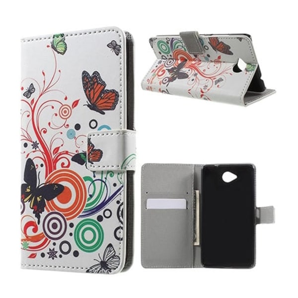 Moberg Læder-etui med stå-funktion og kortholder til Microsoft Lumia 650 - Sommerfugl og cirkler Multicolor