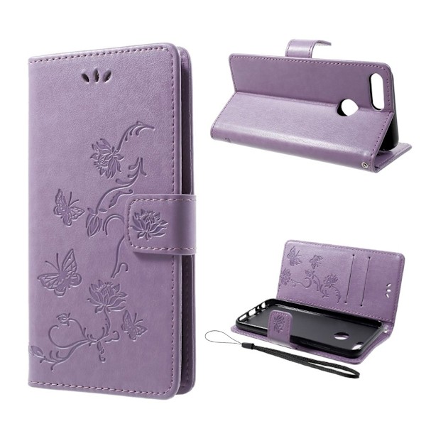 Huawei P Smart mobiletui i kunstlæder med indgraveret sommerfugl og blomster - Lys Lilla Purple