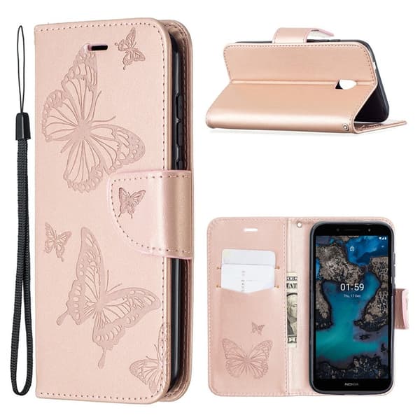 Butterfly Nokia C1 Plus skinnveske - Rose Gull Pink