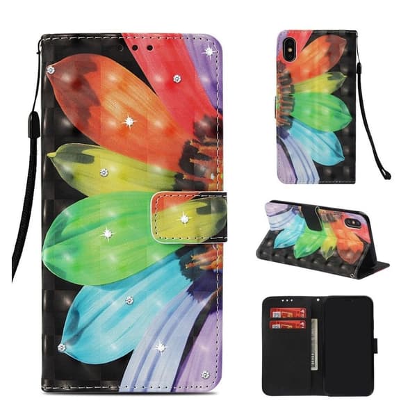 iPhone Xs Max flip cover i læder med diamandtmønster - Farverige Blade Multicolor