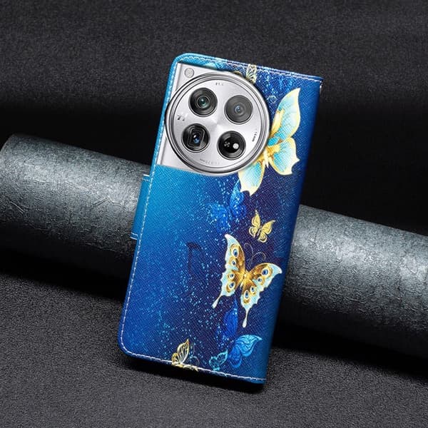 Wonderland OnePlus 12 flip etui - Gyldne Sommerfugle Blue
