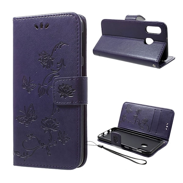 Samsung Galaxy A40 sommerfugleprint på lædercover - mørkelilla Purple