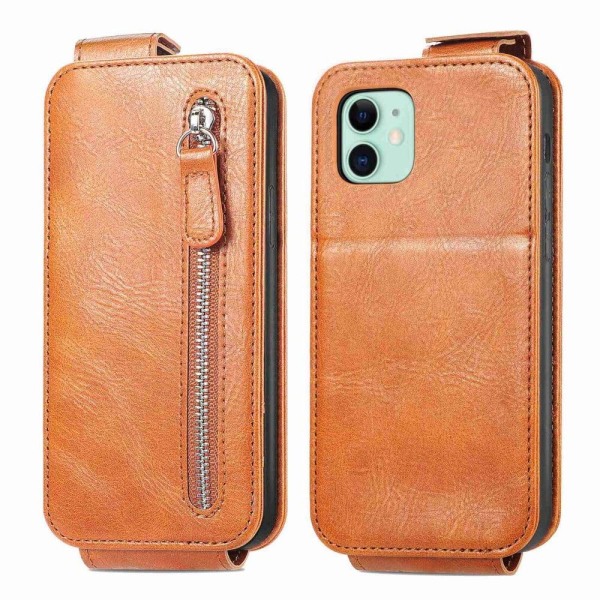 Vertical Flip Phone Suojakotelo With Zipper For iPhone 12 Mini - Ruskea Brown