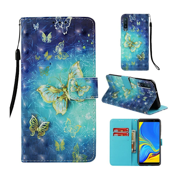 Samsung Galaxy A7 (2018) lys spot læder flip etui - Guld og Blå Sommerfugl Multicolor