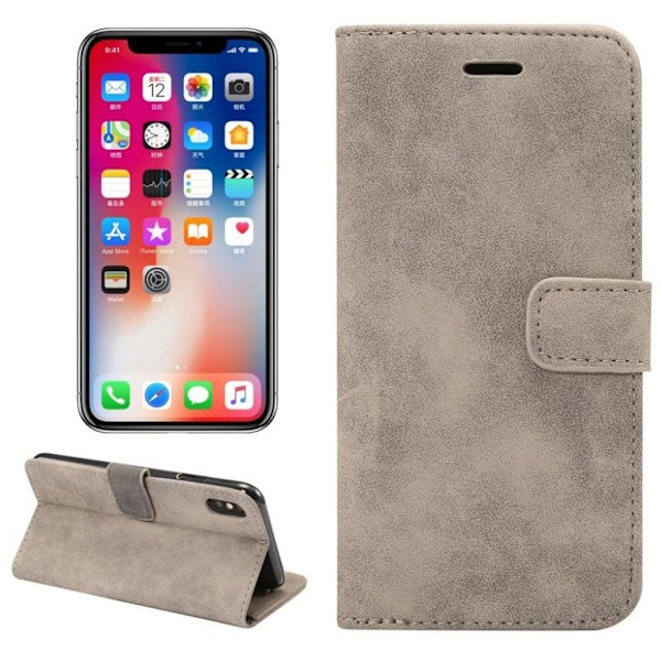 iPhone Xs Max læder flip cover i retrostil - Grå Silver grey