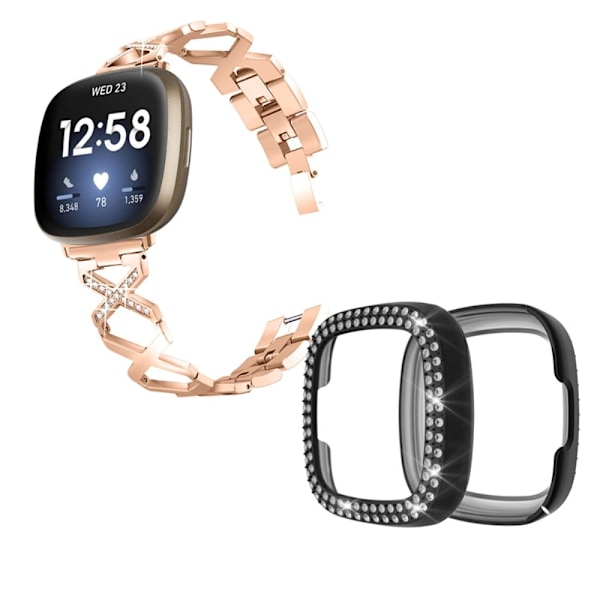 Fitbit Sense / Versa 3 X-muotoinen, strassikoristeinen kellonhihna mustalla kannella - Ruusukulta Pink