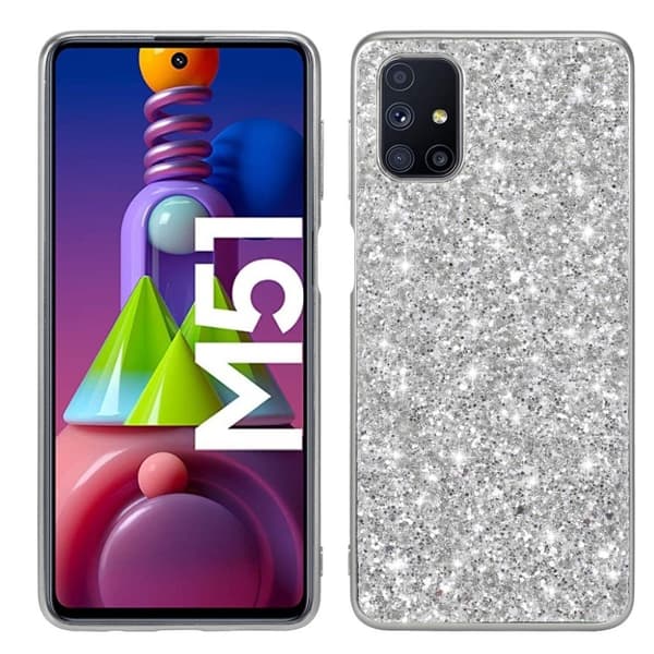 Glitter Samsung Galaxy M51 kotelot - Hopea Silver grey