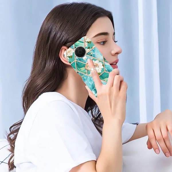 Marble Patterned Suojakuori With Ring Holder For Nokia G10 / G20 - Blue Flowers Blue