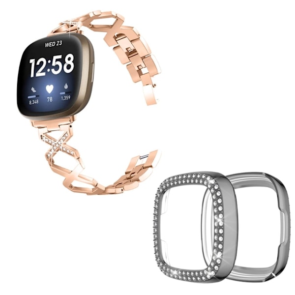Fitbit Sense / Versa 3 X-formad med strassdekorerat klockarmband med grått fodral - Roséguld Rosa