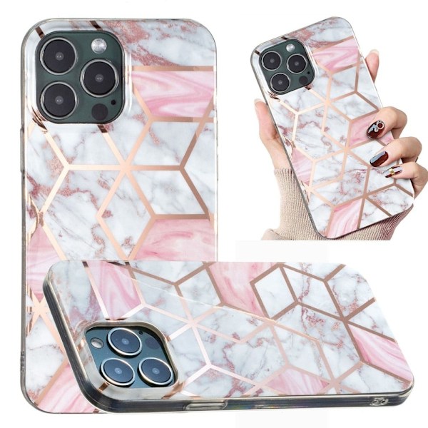 Marble iPhone 14 Pro Etui - Rosa / Hvit Klinkekule Pink