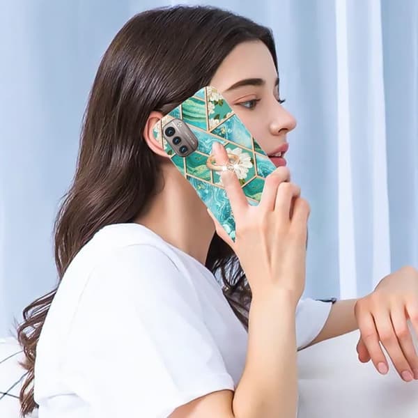 Marble Mønstret Cover med Ring Holder til Nokia G11 / G21 - Blå Blomster Blue