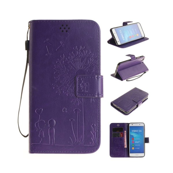 Huawei Y6 II præget læder-etui med strop - Lilla Purple