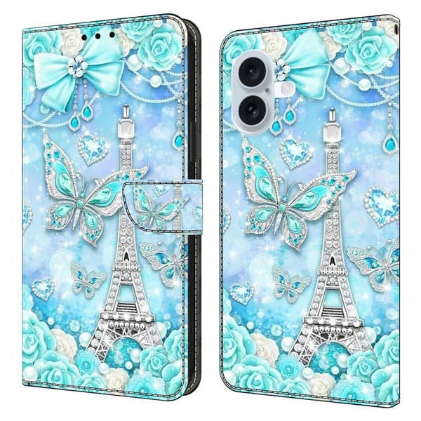 iPhone 16 Plånboksfodral Mönster Tryck Stativ Läder Flip Phone Cover - Fjärilskoboltorn Blå