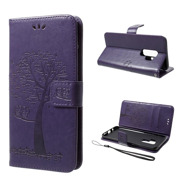 Samsung Galaxy S9 Plus stemplet Træ ugle beskyttende PU læder flip etui - Mørkelilla Purple