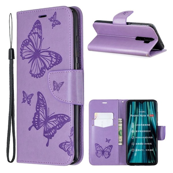 Butterfly läder Xiaomi Redmi Note 8 Pro fodral - Lila Lila