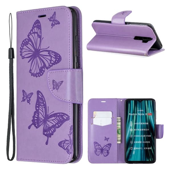 Butterfly Xiaomi Redmi Note 8 Pro skinnveske - Lilla Purple