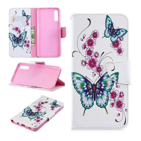 Samsung Galaxy A70 mønster læretui - Butterfly og Flower Multicolor