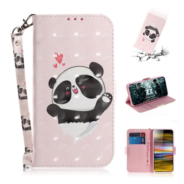 Sony Xperia 10 Plus mønstret læderetui - Panda og Hjerter Multicolor