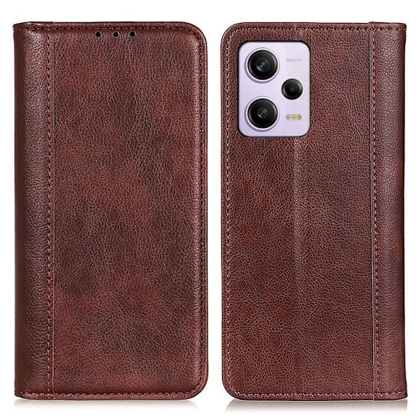 Äkta läder Xiaomi Redmi Note 12 fodral med magnetisk stängning Brun