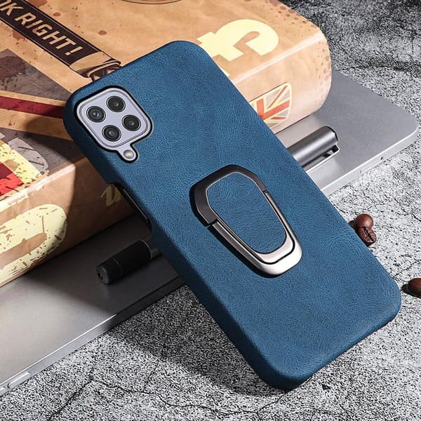 Stötsäkert läderfodral med oval kickstand för Samsung Galaxy A22 4G - Blå Blå