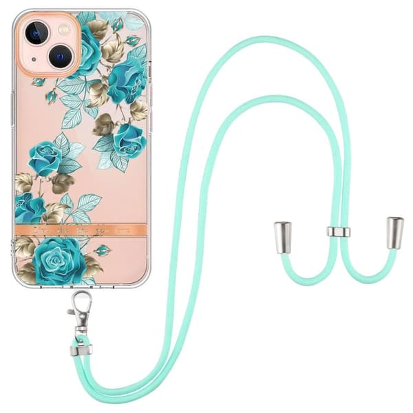 Slim og Slitesterk Softcover med Lanyard til iPhone 15 Plus - Hc002 Blue Rose Blue