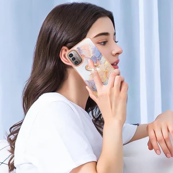 Marble Mønstret Deksel med Ring Holder til Nokia G11 / G21 - Milky Way Klinkekule White White