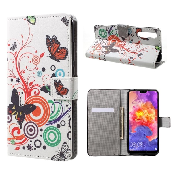 Huawei P20 Pro mønstret PU læder flip etui - sommerfugl og Cirkel Multicolor