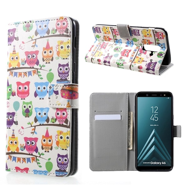 Samsung Galaxy A6 Magneettinen Nahka Lompakko Suojakotelo - Pöllö Perhe Multicolor