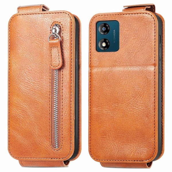 Vertical Flip Phone Suojakotelo With Zipper For Motorola Moto E13 - Ruskea Brown