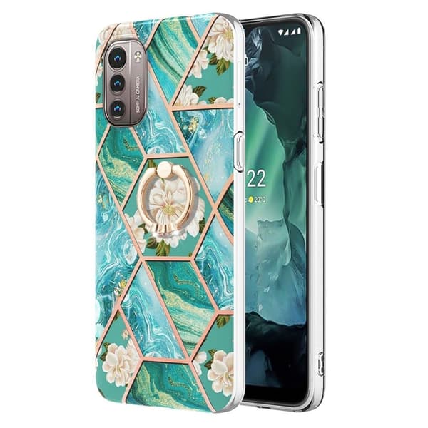 Marble Mønstret Cover med Ring Holder til Nokia G11 / G21 - Blå Blomster Blue